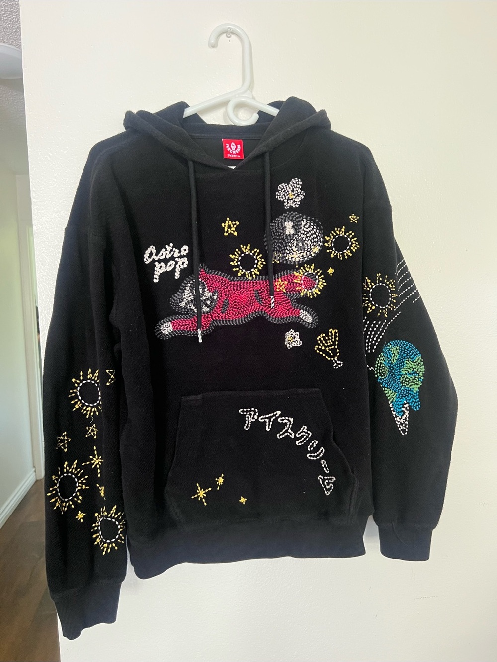 Icecream Black Hoodie with Red Tiger and Multicolor Crystal Embellishments